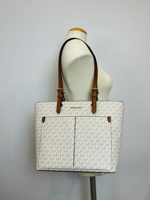 Michael Kors Bedford Medium Pocket Shoulder Tote Vanilla MK Signature Acorn