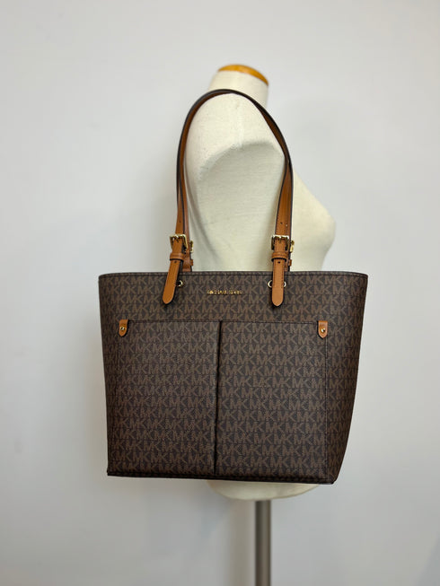 Michael Kors Jet Set Travel Medium Double Pocket Tote Vegan Leather Brown MK