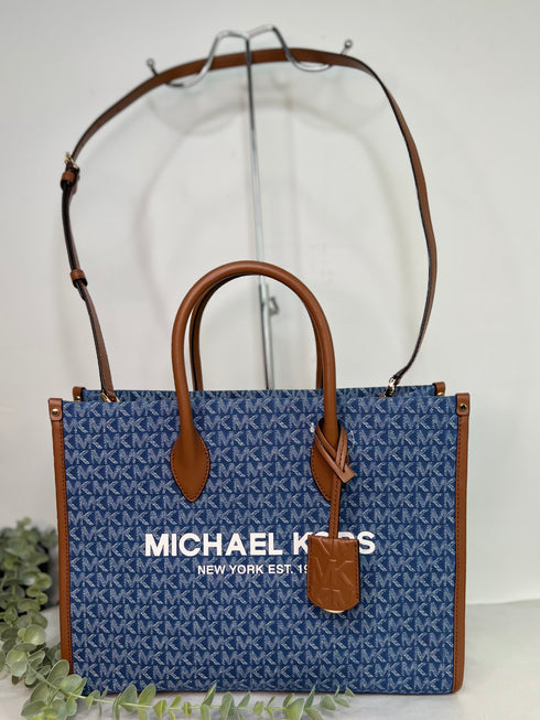 Michael Kors Mirella Medium Tote Shoulder Handbag Purse Denim Multi Blue MK