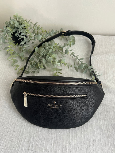 KATE SPADE LEILA BELT BAG WAIST FANNY PACK BLACK LEATHER GOLD